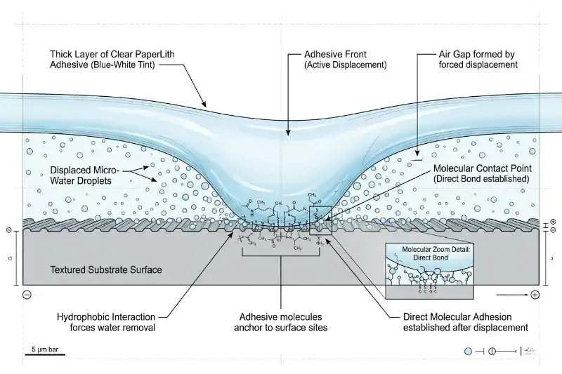 Technical diagram of PaperLith water-displacing adhesive establishing a direct molecular bond on a damp surface