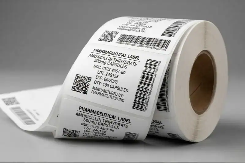 A roll of white thermal adhesive labels for pharmaceuticals, featuring clear black barcodes and drug information.