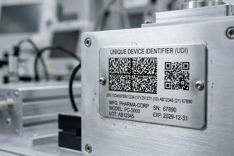 A durable silver metallic asset tag with a UDI QR code attached to a brushed aluminum medical device.