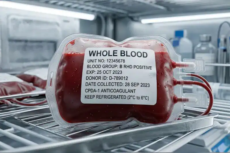 A medical blood bag filled with red fluid, featuring a clear, non-toxic adhesive label with donor information.