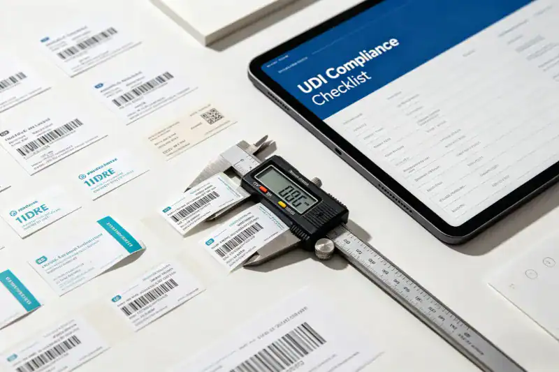 A top-down organized desk view featuring various medical label samples, a digital caliper measuring a label, and a tablet showing a UDI compliance checklist.