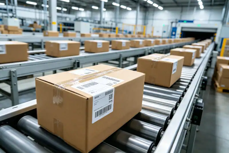 Automated conveyor system in a global fulfillment center processing parcels with clear thermal shipping labels.