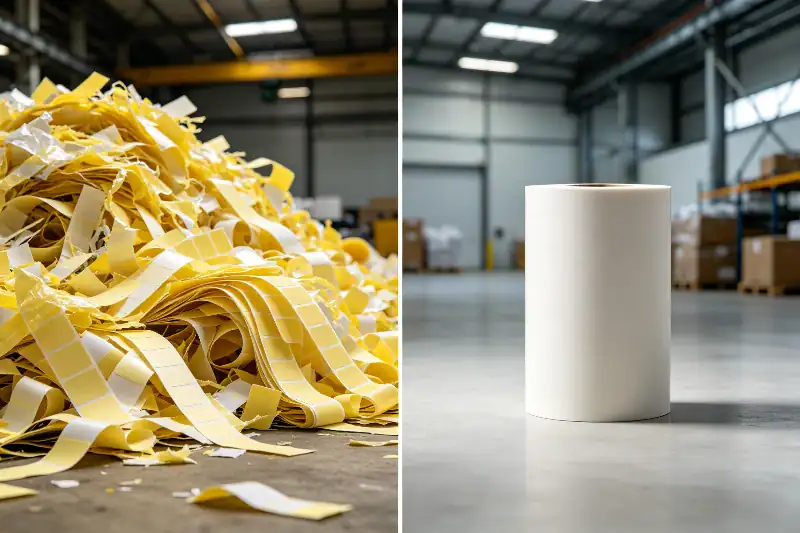 Visual comparison of traditional label liner waste versus PaperLith linerless technology's 40% waste reduction.