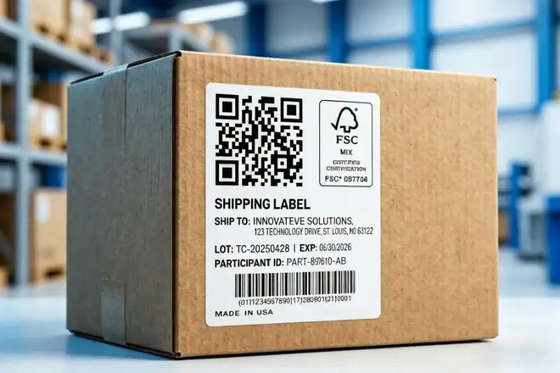 PPWR-compliant thermal label with high-density QR code for Digital Product Passport and FSC logo.