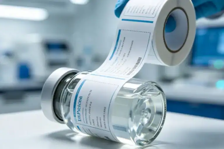 A modern industrial labeling machine in operation, showing a roll of linerless labels with no backing paper waste