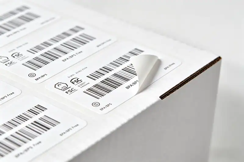 Close-up of premium thermal shipping labels with high-contrast barcodes and FSC certification logo on a cardboard box.