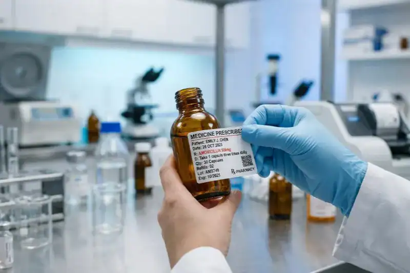 A high-end professional close-up of a medical label being applied to a medicine bottle in a clean, modern laboratory setting