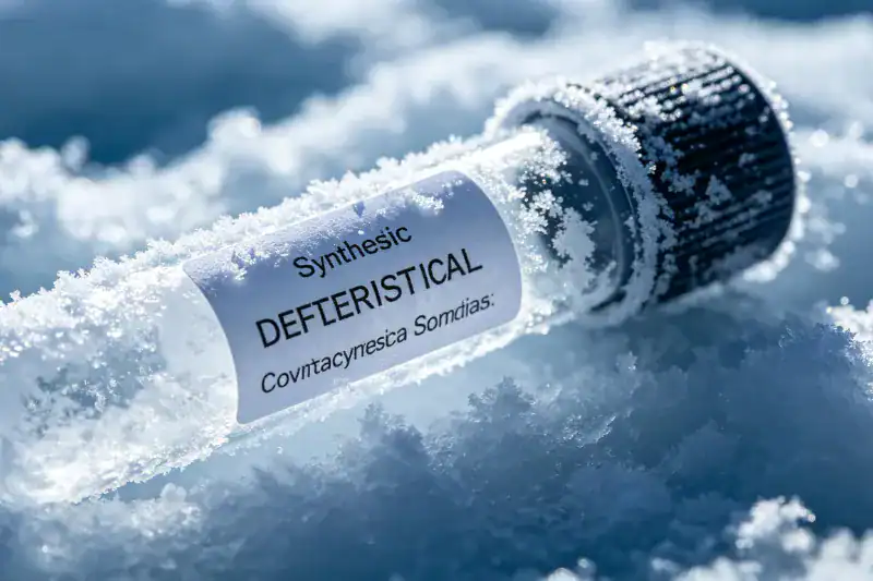 A small laboratory test tube (vial) covered in frost and ice crystals, with a white synthetic label perfectly adhered and legible.