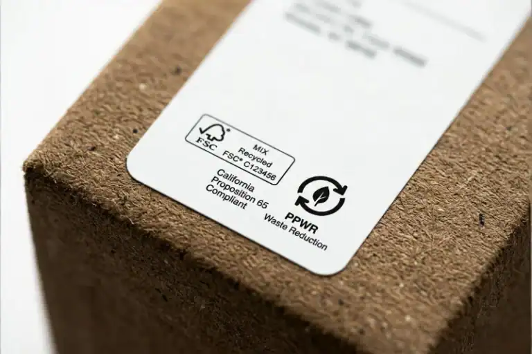 A shipping label showing California Proposition 65 compliance and EU PPWR waste reduction certification logos.