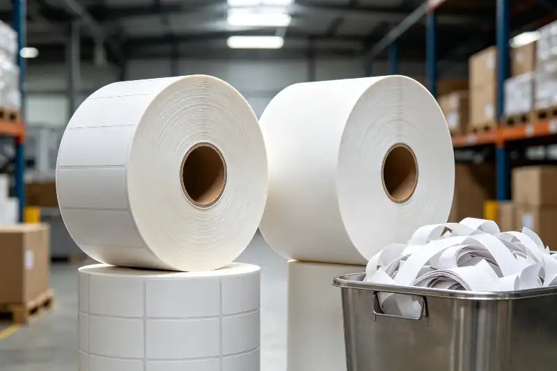 Comparison between traditional thermal label rolls with waste backing and PaperLith zero-waste linerless label rolls.