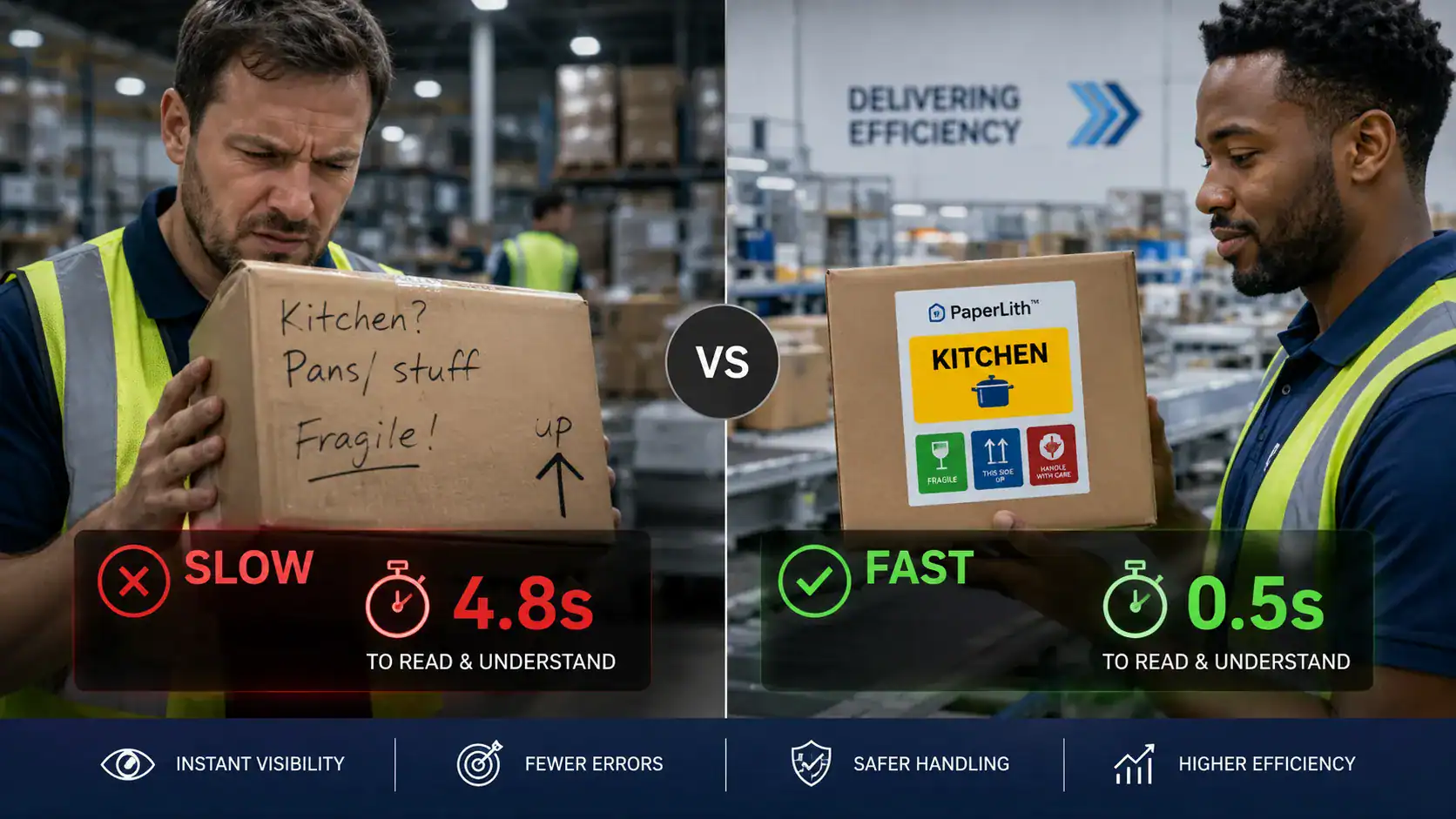 Visual comparison showing the 80% improvement in recognition speed between handwritten notes and PaperLith color-coded moving labels.