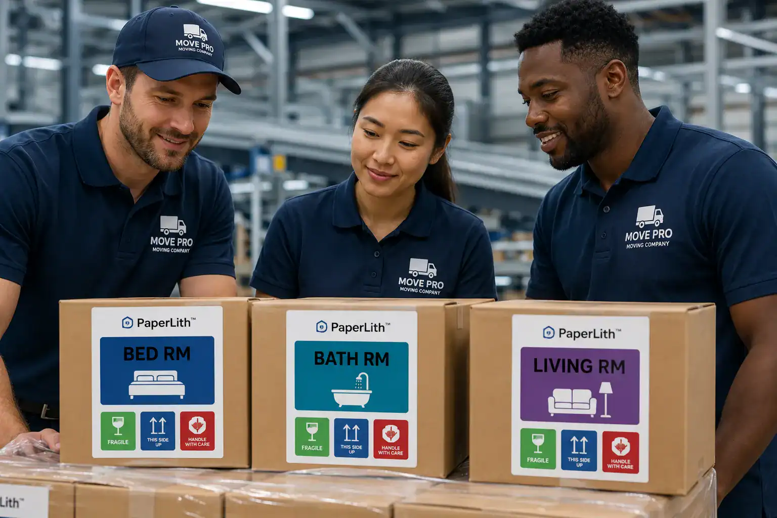 Diverse logistics crew using universal icons on dynamic moving labels to overcome language barriers