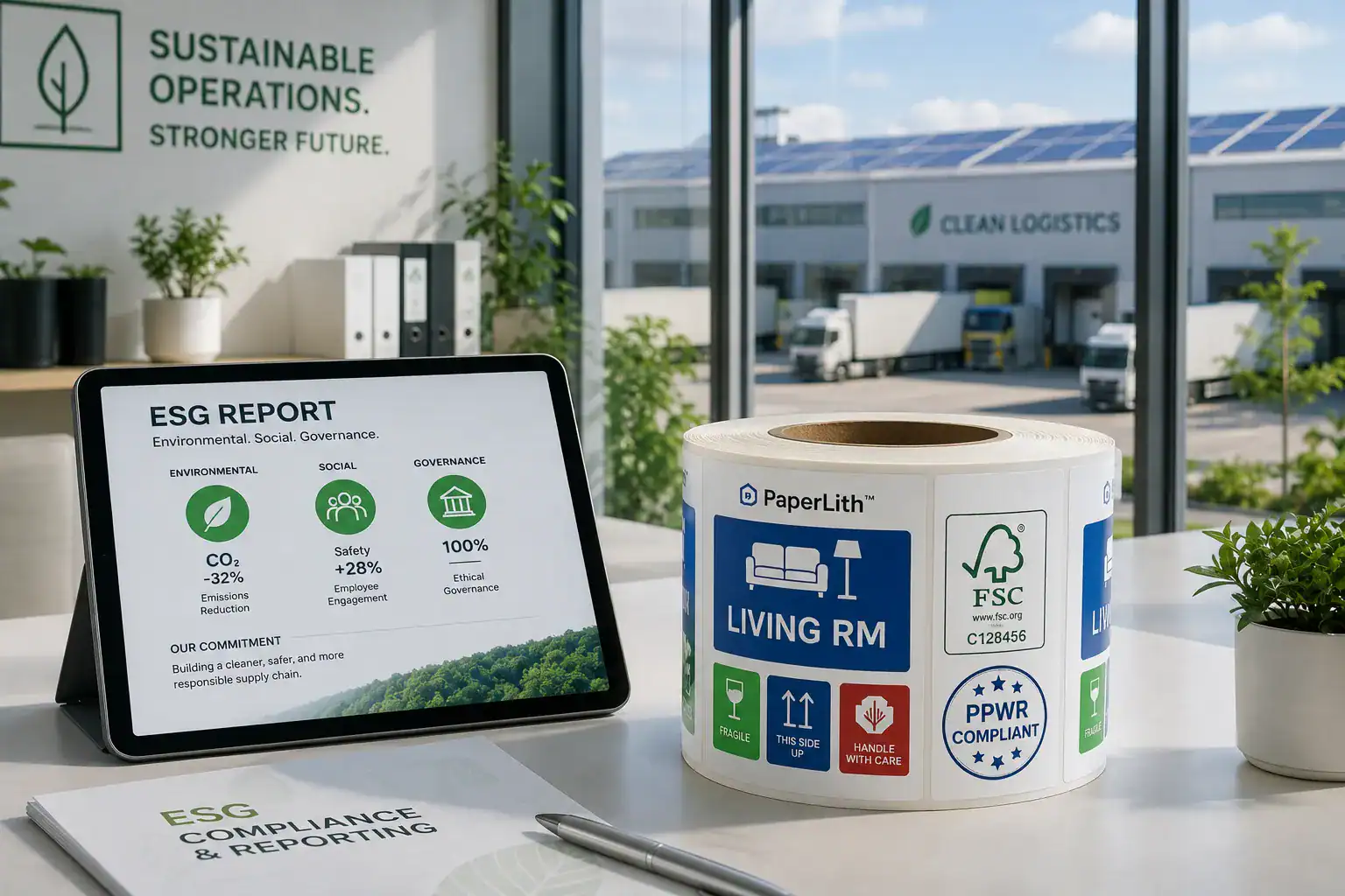 : FSC-certified, VOC-free, and PPWR compliant logistics labels aligning with B2B ESG reporting requirements in Europe.
