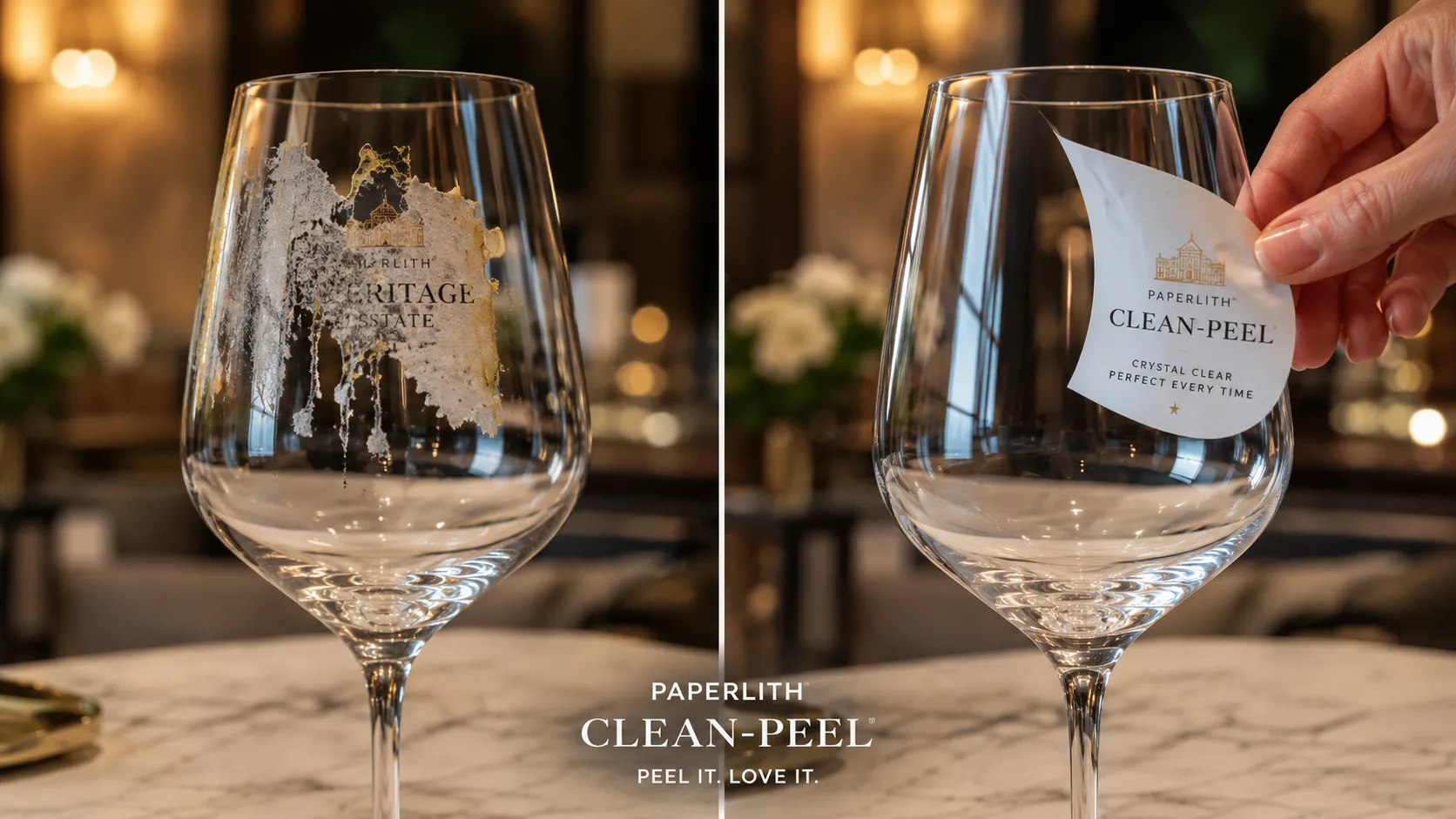 Comparison between messy adhesive residue on standard labels vs. the residue-free finish of PaperLith Clean-Peel labels.