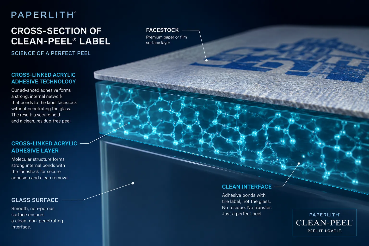 Technical diagram of cross-linked acrylic adhesive showing high cohesive strength for residue-free removal on glass.