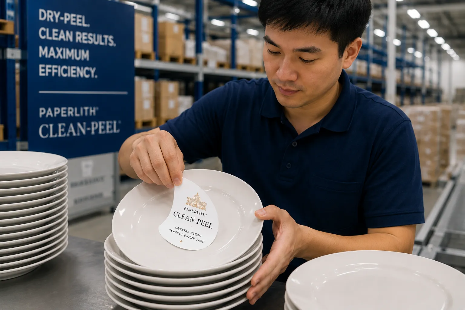 Warehouse worker demonstrating efficient dry-peel removal of labels on ceramics without using chemical solvents.