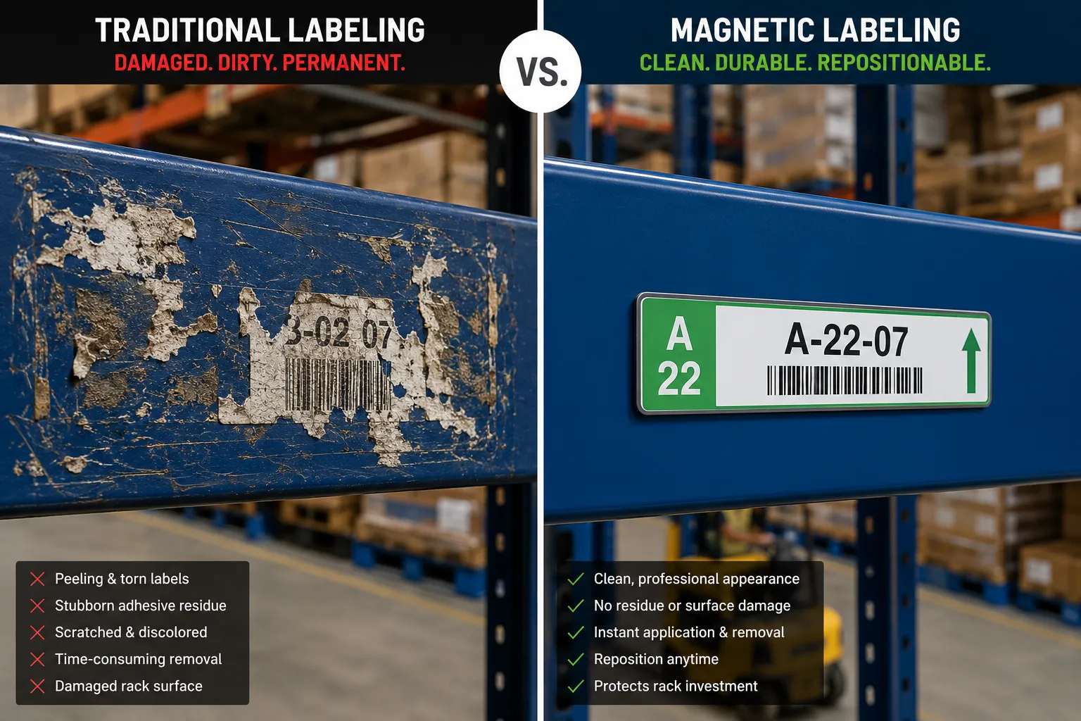 Comparison showing damaged powder-coated warehouse racking with sticky adhesive residue versus a clean surface using a PaperLith magnetic racking label.