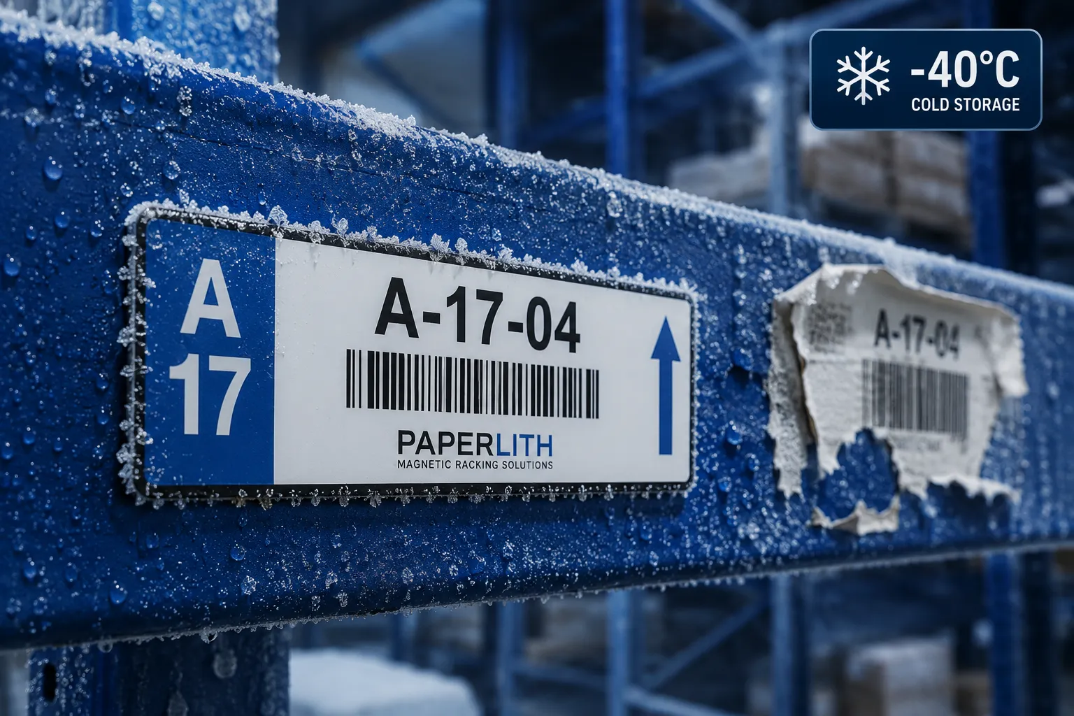 Magnetic barcode label securely attached to a frost-covered steel beam in a -40°C cold storage facility, demonstrating resistance to adhesive failure.
