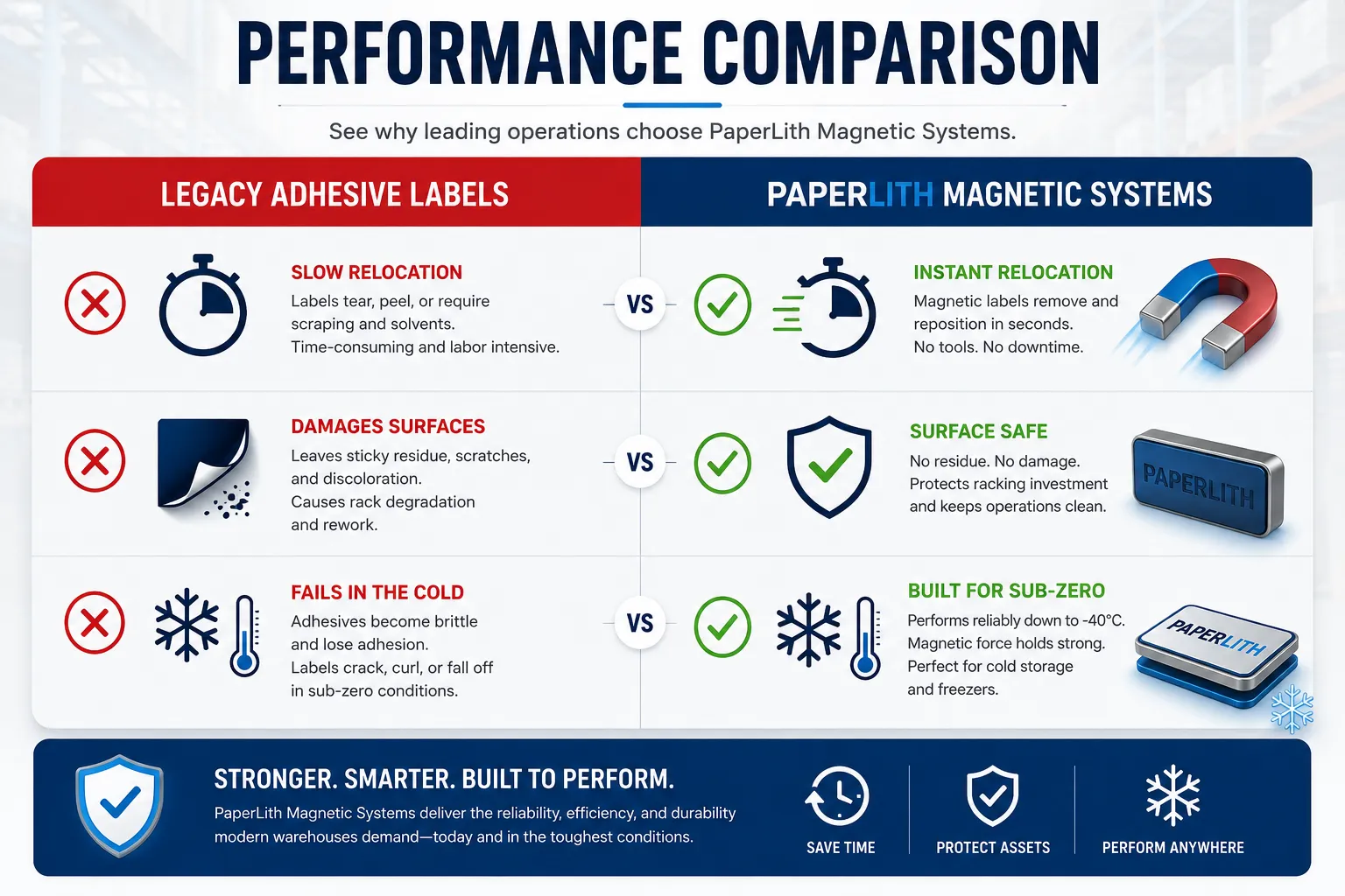 Infographic table comparing traditional adhesive labels and magnetic systems across relocation speed, substrate integrity, and thermal stability metrics.