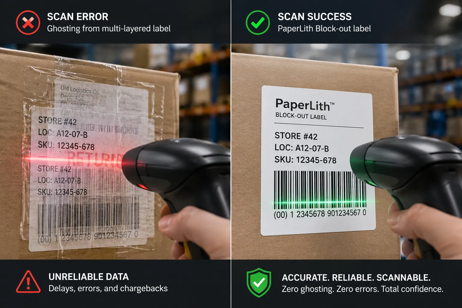 Comparison of a failed barcode scan due to ghosting versus a 99.9% first-read rate success using high-opacity cover-up labels.