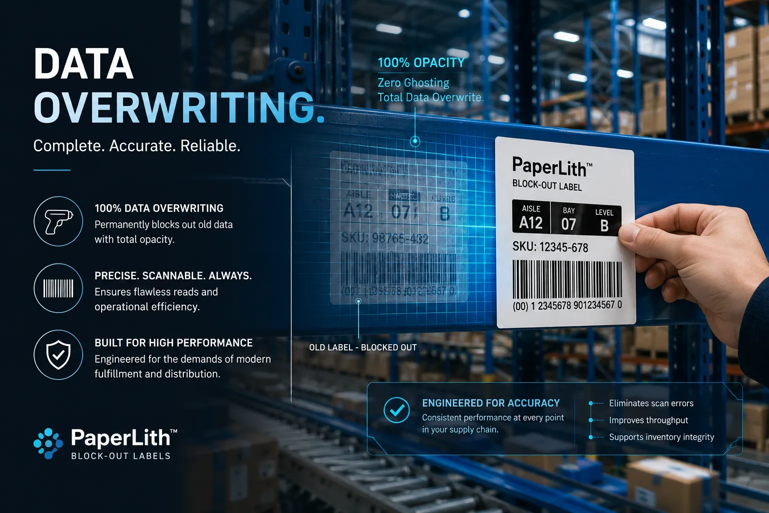 PaperLith block-out label providing a smooth, flat scanning surface for high-bay racking systems in an e-commerce fulfillment center.