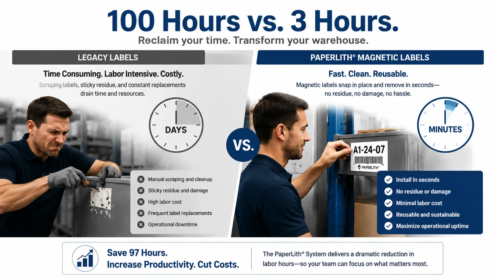 Infographic showing relabeling time comparison: traditional labels requiring 100 labor hours versus PaperLith reconfigurable systems taking less than 3 hours for 2,000 slots.
