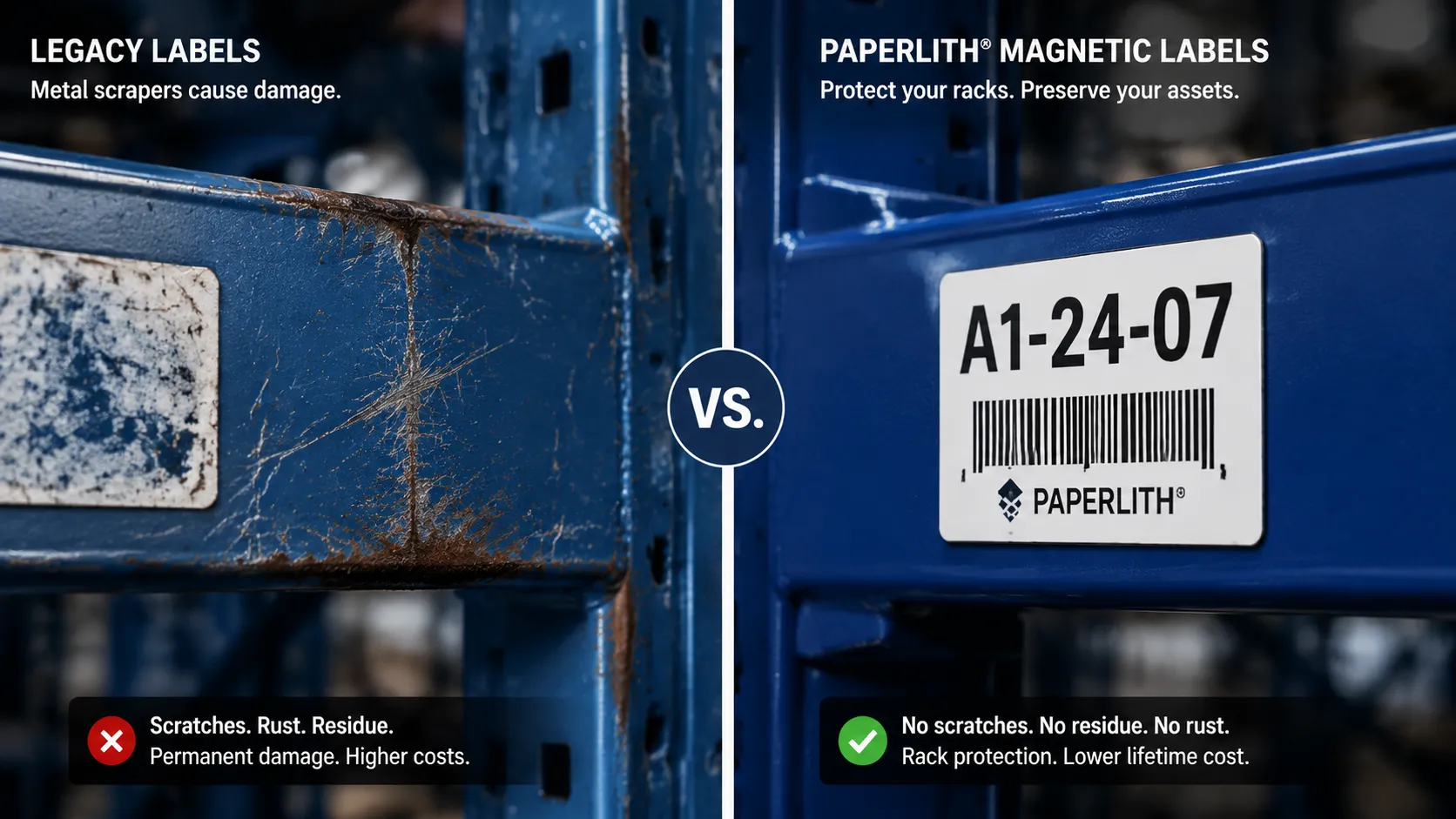 Close-up of a magnetic barcode carrier being repositioned on a clean racking beam, demonstrating asset preservation and zero surface damage.