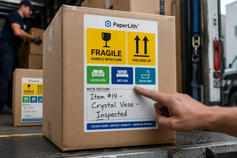ANSI-compliant fragile warning label with integrated note section to establish a legal chain of custody and reduce damage claims.