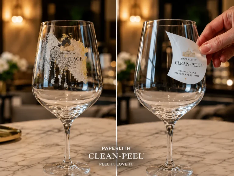 Comparison between messy adhesive residue on standard labels vs. the residue-free finish of PaperLith Clean-Peel labels