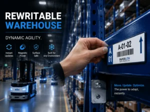 Warehouse operator repositioning a magnetic barcode carrier on an industrial rack, illustrating the concept of a reconfigurable and agile warehouse infrastructure.