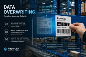 PaperLith block-out label providing a smooth, flat scanning surface for high-bay racking systems in an e-commerce fulfillment center.