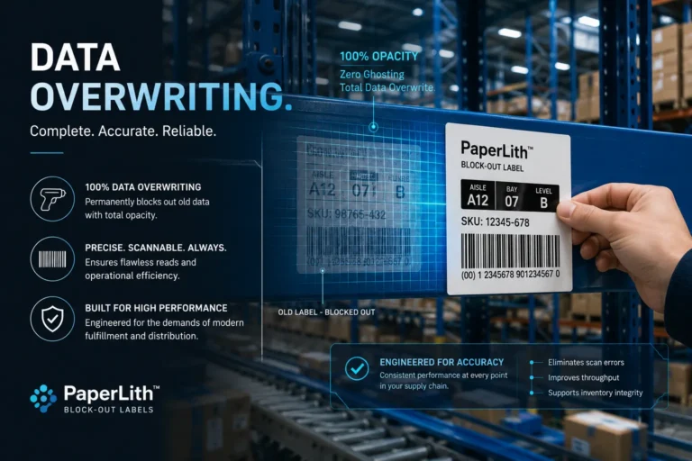 PaperLith block-out label providing a smooth, flat scanning surface for high-bay racking systems in an e-commerce fulfillment center.