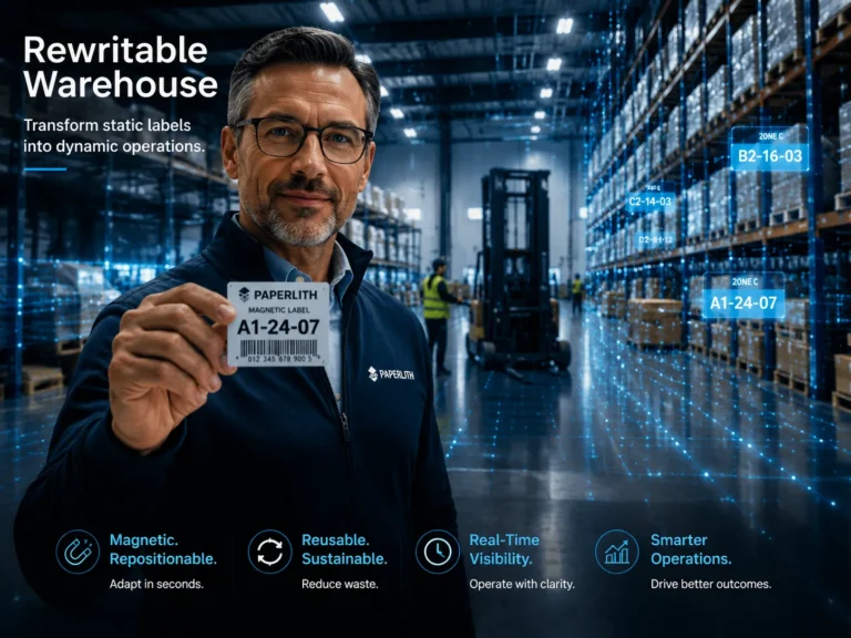 , a close-up of a smart-looking warehouse manager holding a sleek PaperLith magnetic label